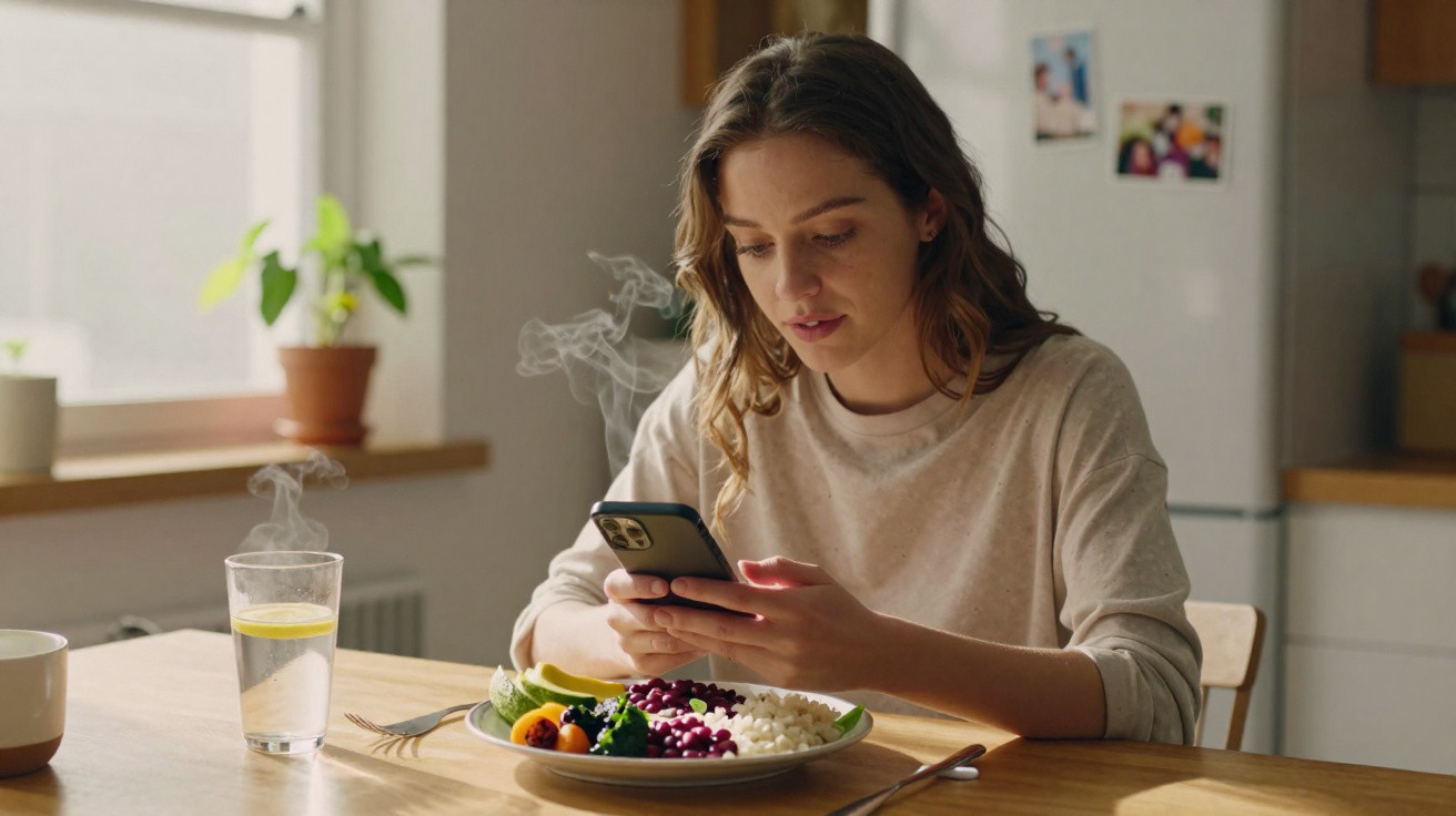 Mulher sentada à mesa com prato de comida e copo de água, olhando para o celular.