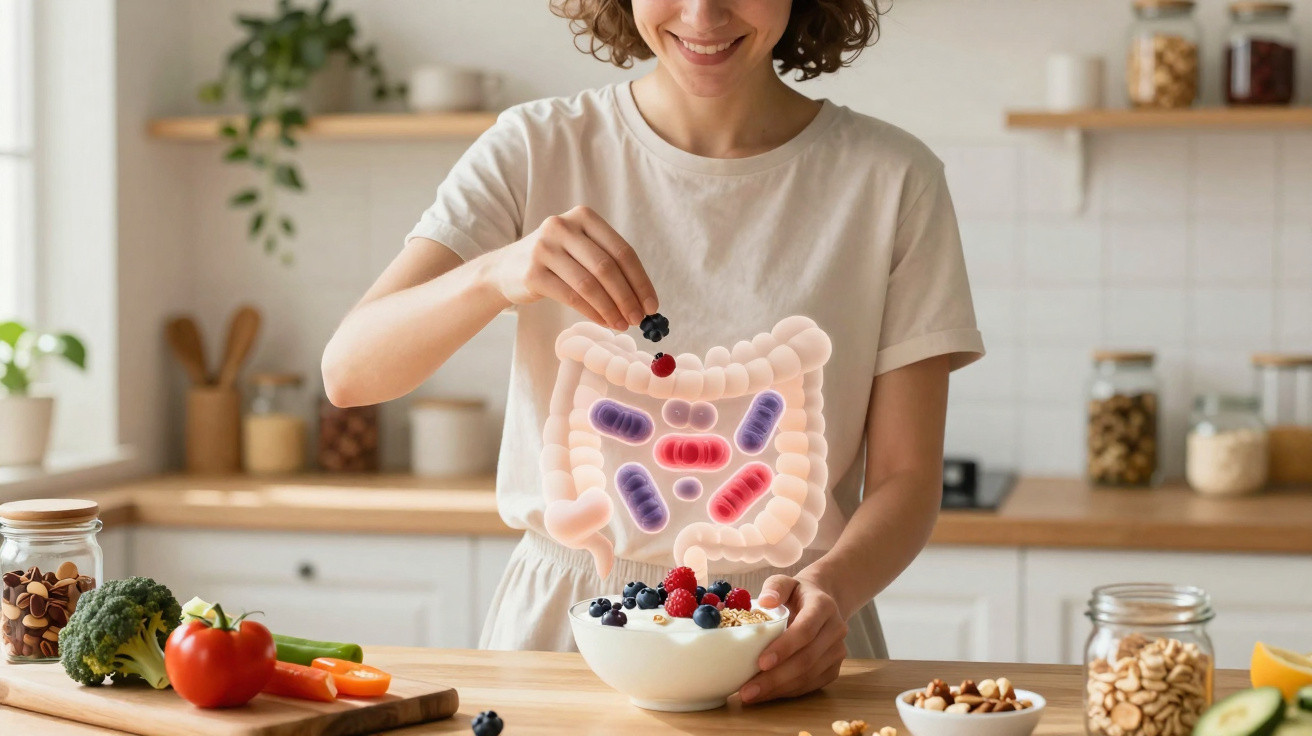 Mulher adiciona frutas a tigela com ilustração de intestino e probióticos na cozinha.