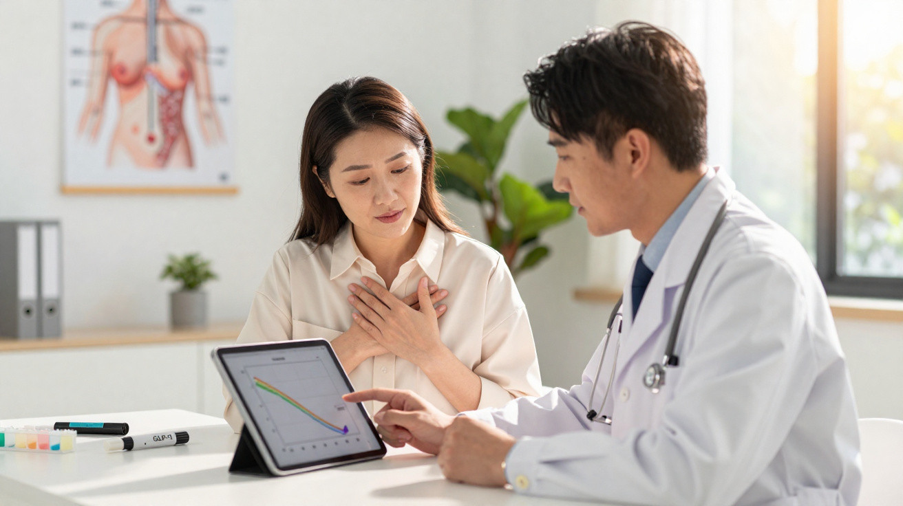 Mulher consultando médico que mostra gráfico em tablet em consultório iluminado.