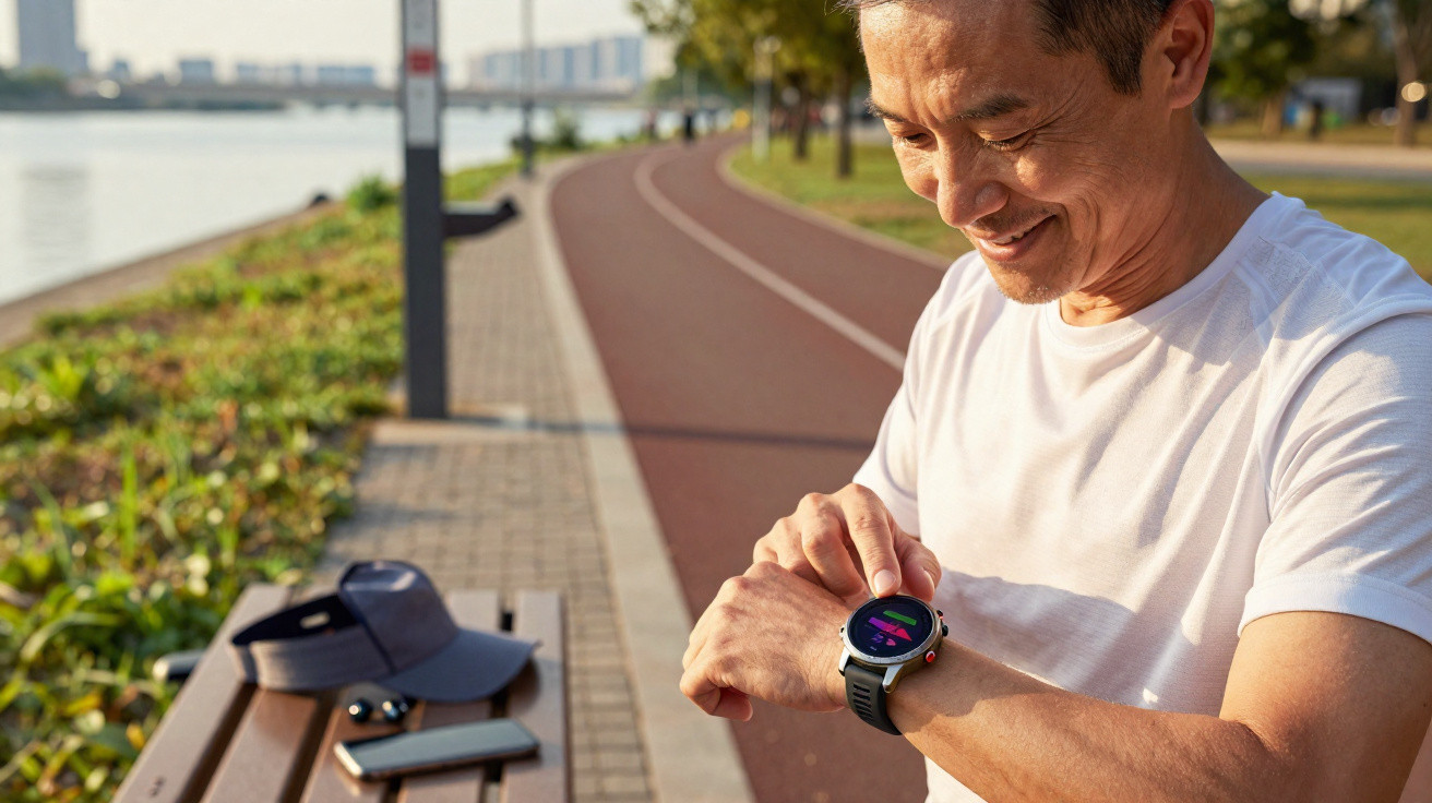 Homem sorridente verifica smartwatch durante corrida em parque à beira do rio.