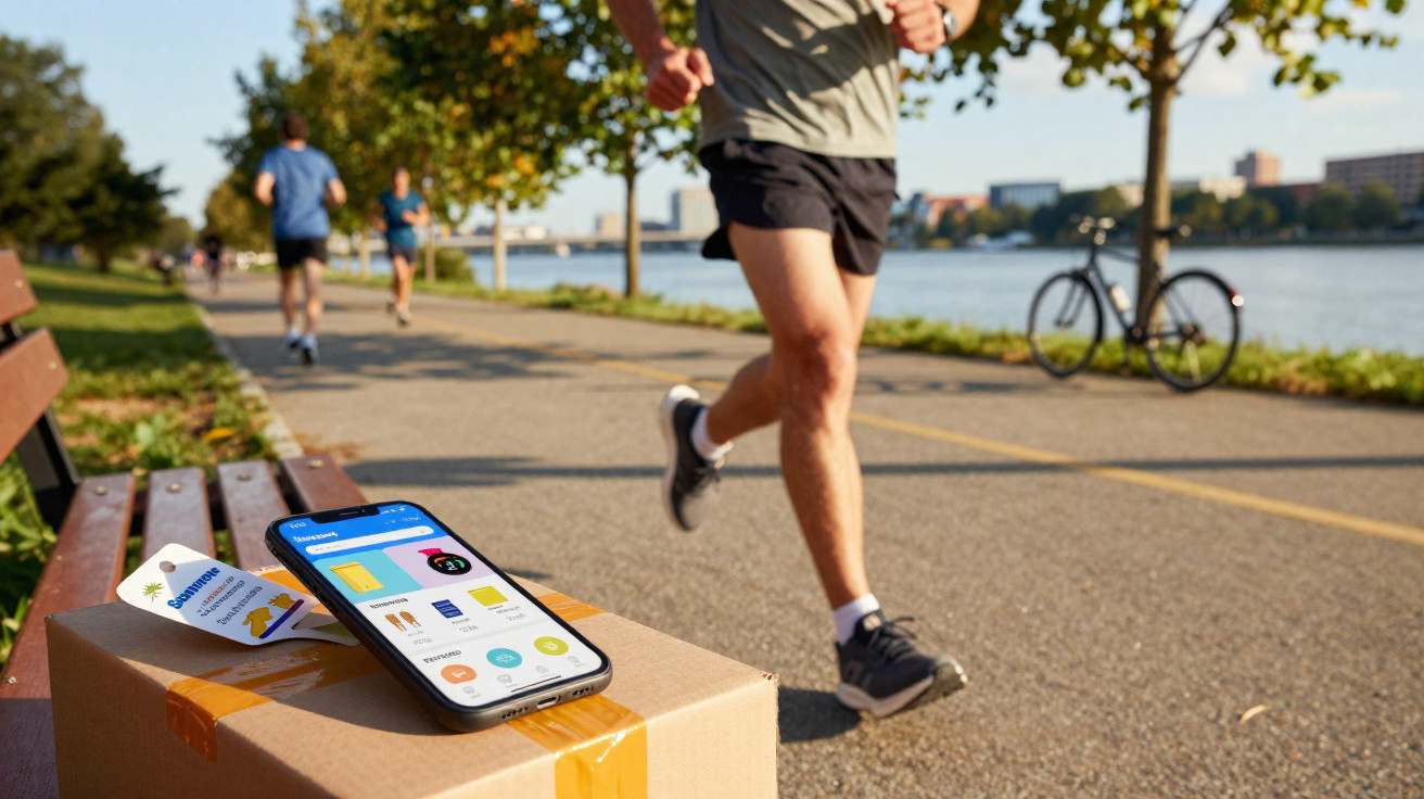 Celular com app aberto sobre caixa de papel, pessoas correndo em pista ao lado de rio e bicicleta estacionada.