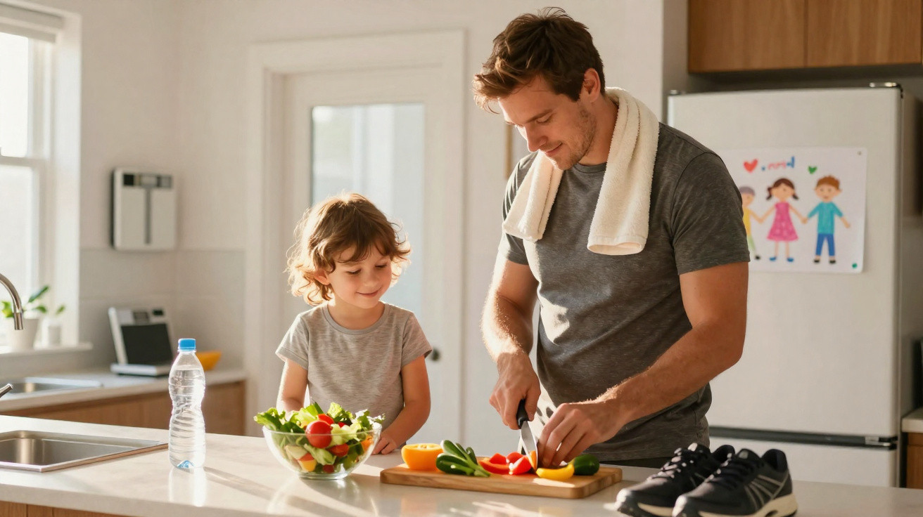 Pai e filho preparando salada juntos na cozinha em um ambiente iluminado e acolhedor.