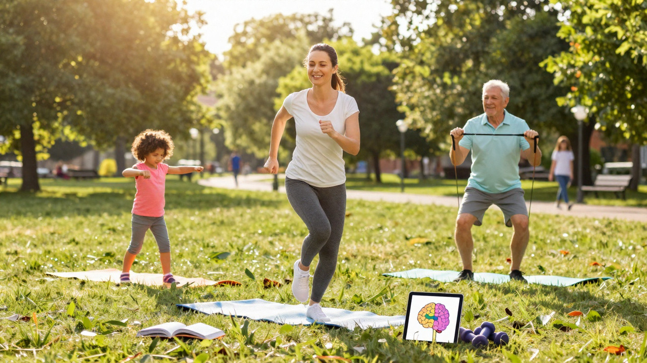 Mulher, criança e idoso praticando exercícios ao ar livre em parque ensolarado com esteiras e equipamentos.