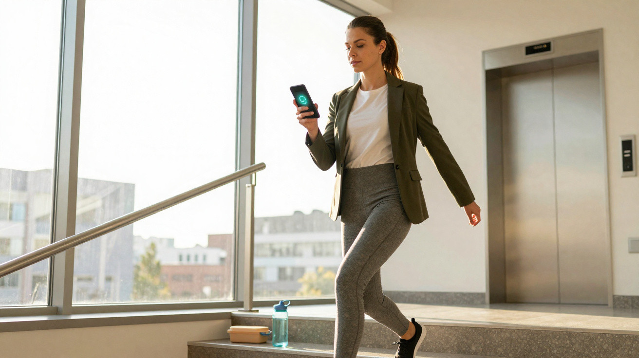 Mulher vestindo blazer verde e leggings cinza descendo escada interna, olhando para celular.