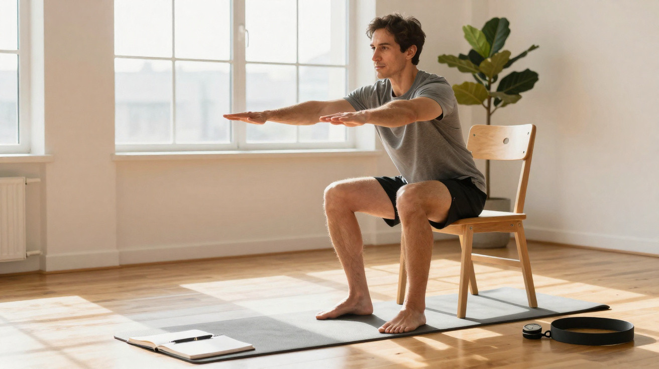 Homem fazendo exercício de agachamento usando cadeira em ambiente claro e minimalista.
