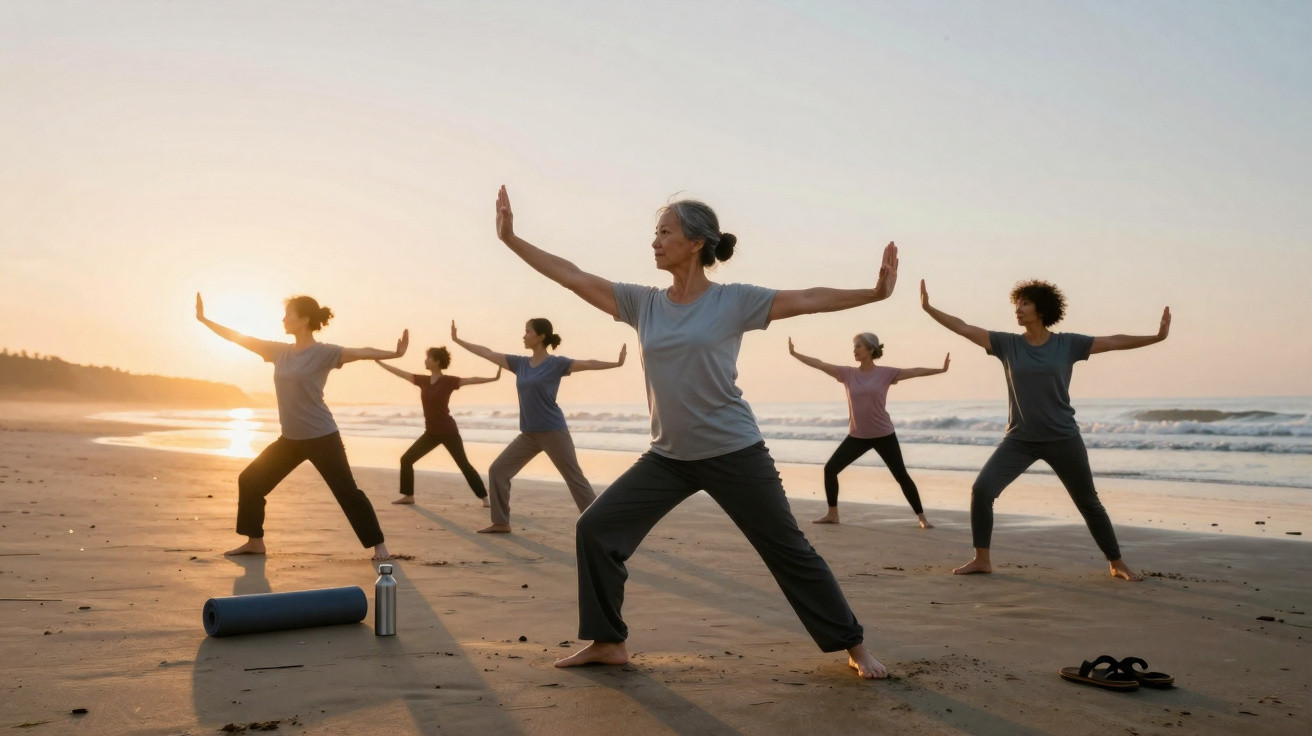Grupo de pessoas praticando tai chi na praia ao nascer do sol.