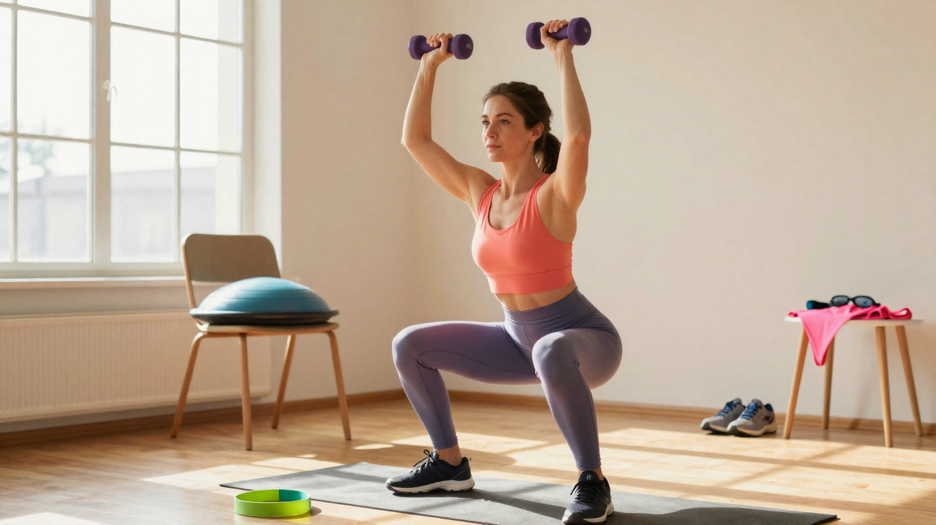 Mulher fazendo agachamento com halteres em sala iluminada praticando exercícios em casa.