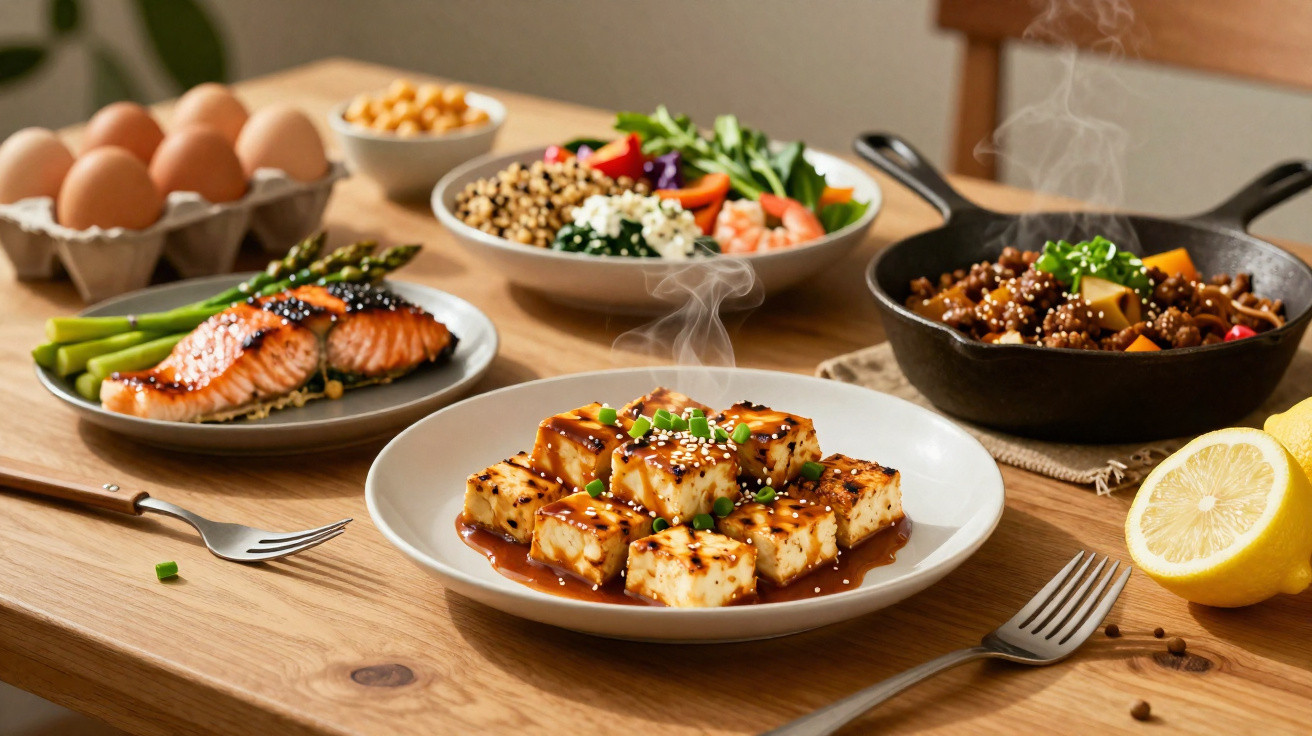 Prato com tofu grelhado e molho, cercado por salmão, ovos, salada, legumes e limão sobre mesa de madeira.