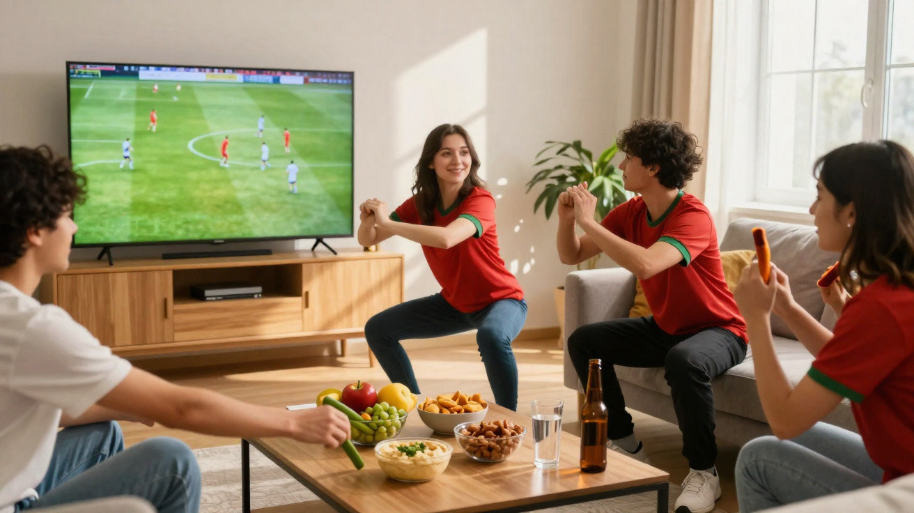 Jovens vestindo camisas de futebol assistem e torcem por jogo na TV em sala com petiscos na mesa.