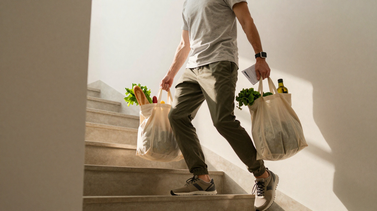 Pessoa subindo escada com sacolas reutilizáveis cheias de compras, incluindo pão, verduras e garrafa de azeite.