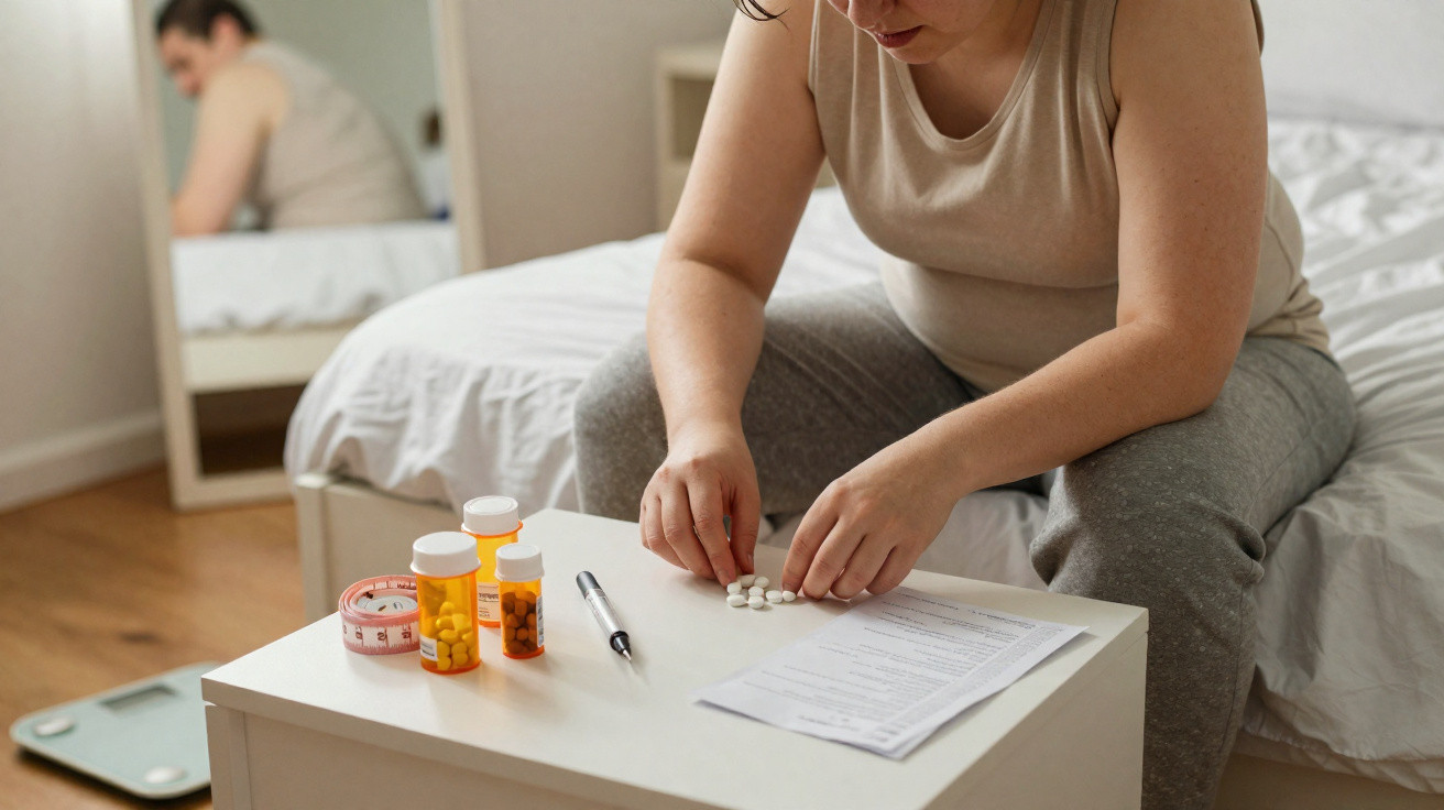 Pessoa sentada na cama organiza comprimidos brancos em uma mesa com frascos de remédios e documentos.