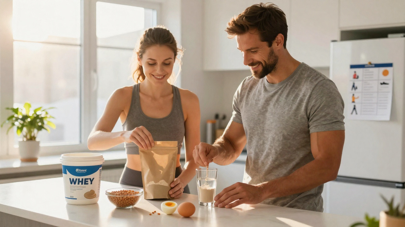 Casal preparando suplemento proteico na cozinha com ingredientes saudáveis e whey protein.