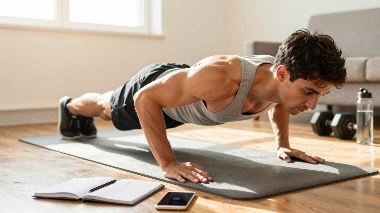 Homem jovem fazendo flexão em tapete de yoga em sala iluminada, com celular, caderno e halteres ao fundo.