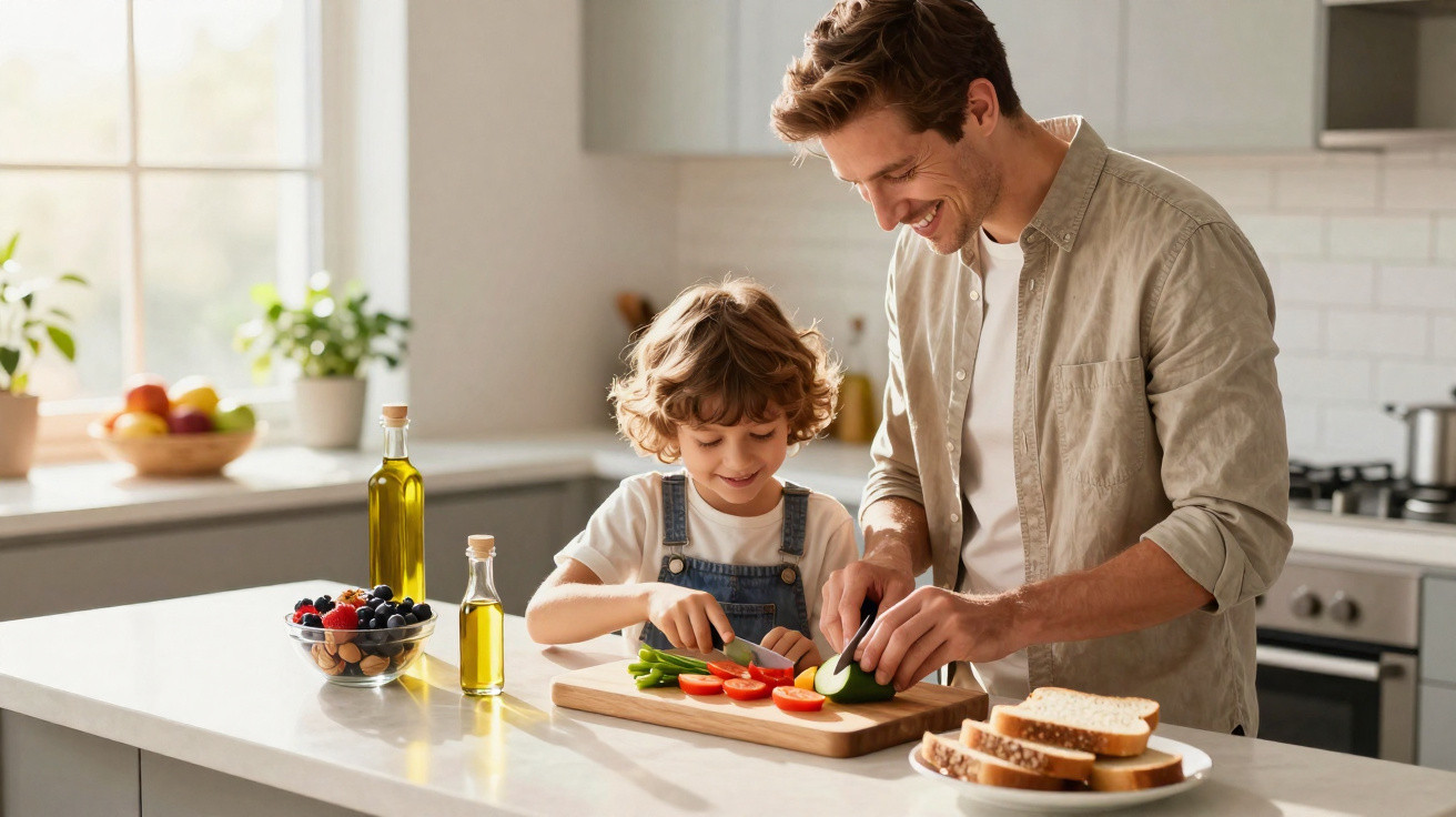 Pai e filho cortando legumes juntos na cozinha moderna e iluminada, sorrindo e se divertindo.