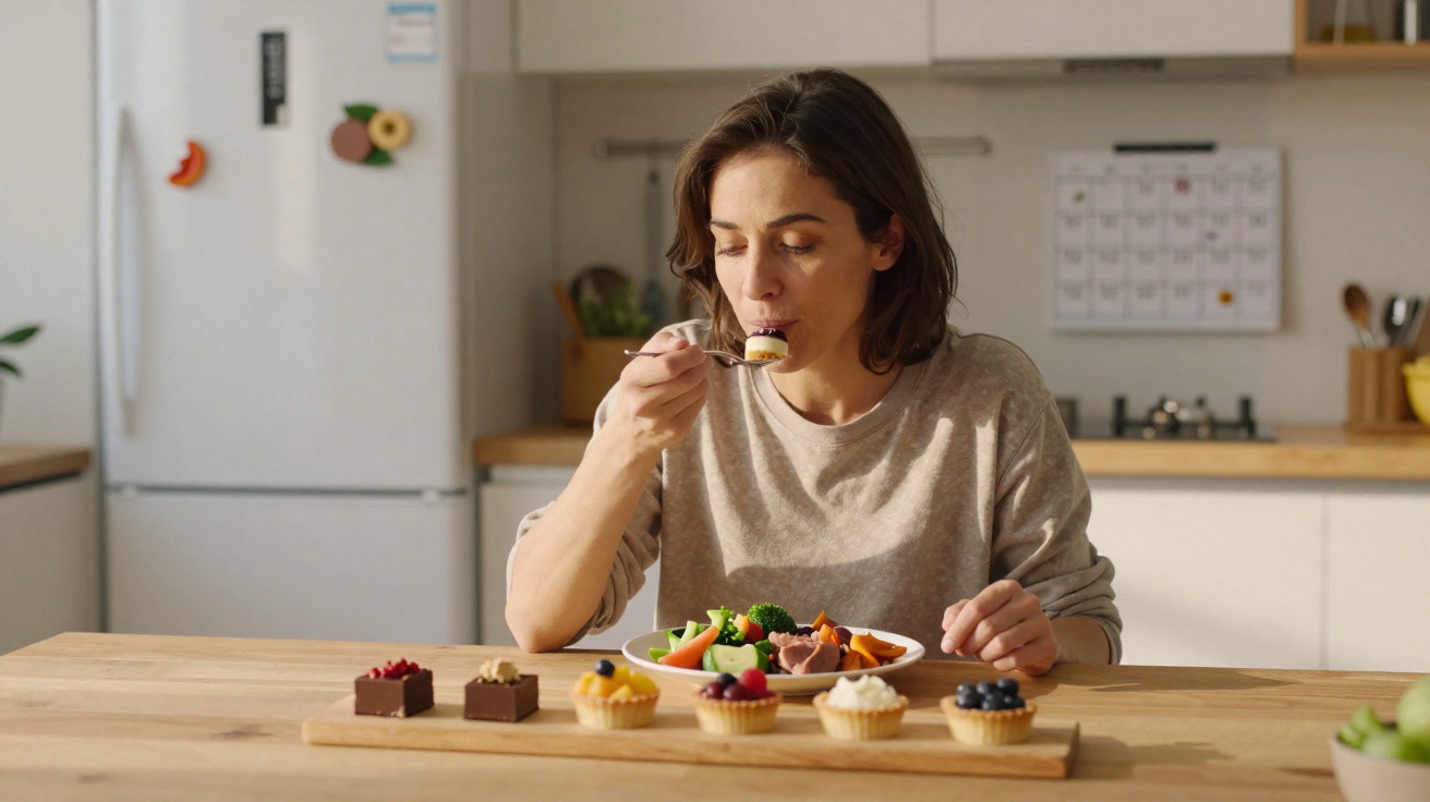 Mulher com blusa bege comendo refeição saudável na cozinha, com vários mini bolos na frente.
