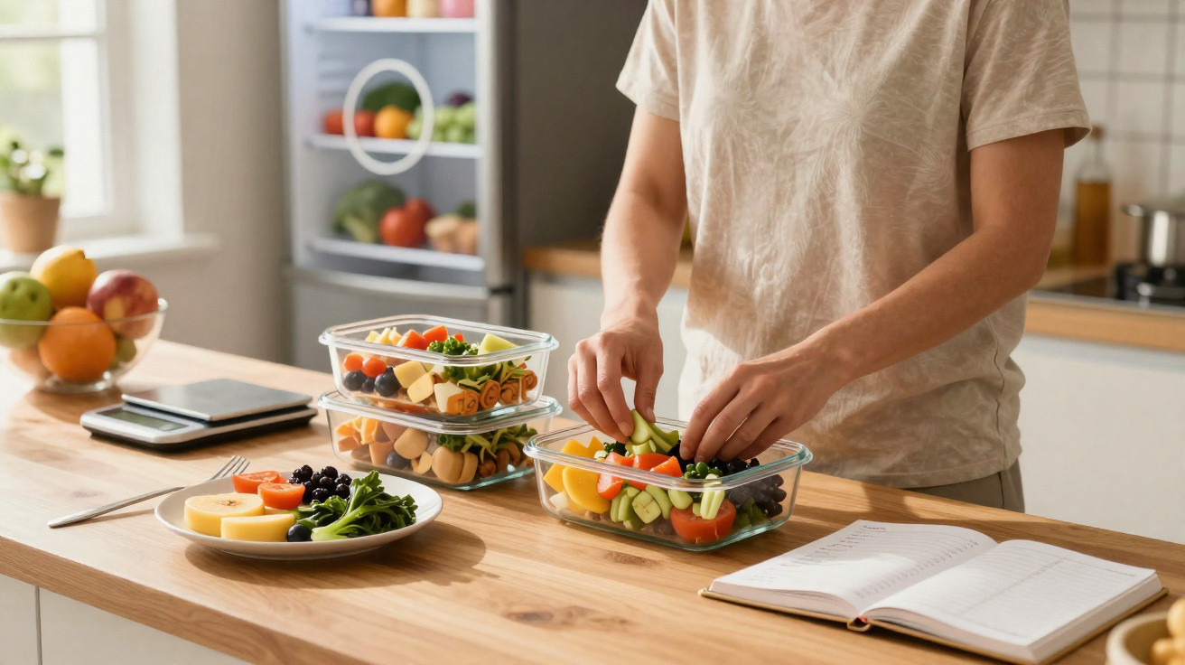 Pessoa prepara salada colorida em potes de vidro sobre bancada de cozinha moderna.