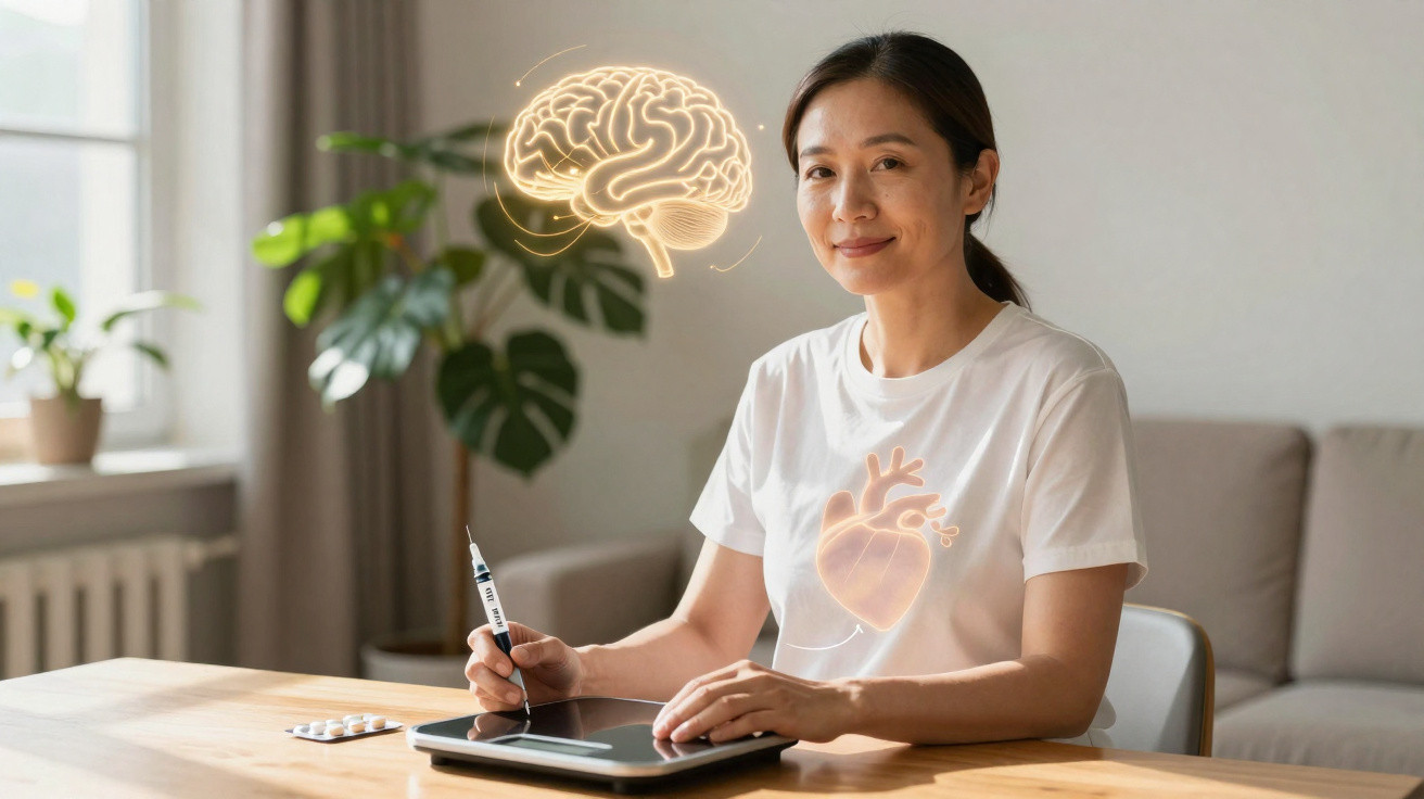 Mulher segurando caneta digital com desenhos de cérebro e coração iluminados ao redor dela.
