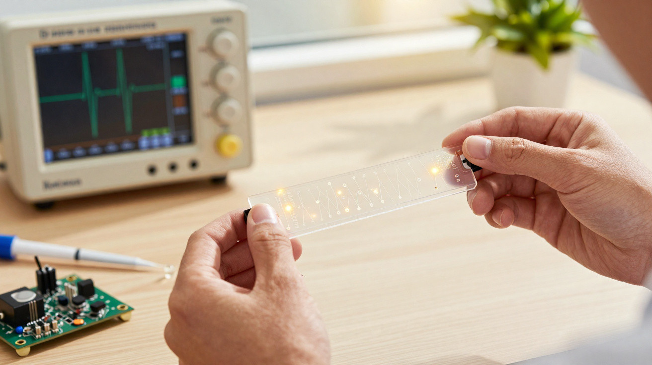 Pessoa segurando e testando circuito eletrônico transparente com LEDs acesos, próximo a osciloscópio ligado.
