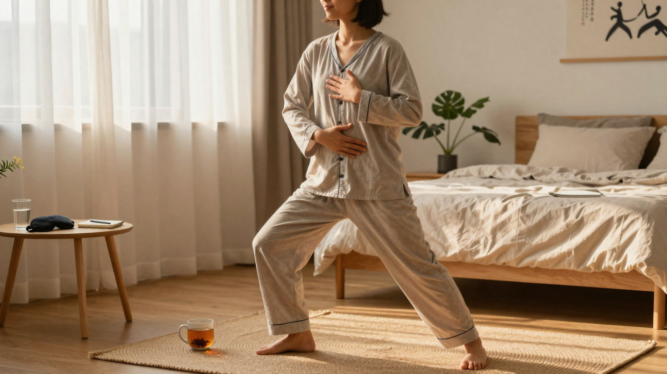 Mulher de pijama praticando meditação em quarto iluminado pela luz natural, com cama e mesa ao fundo.