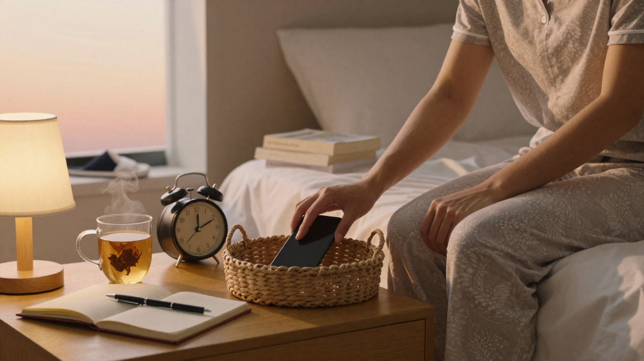 Pessoa sentada na cama guardando celular em cesta próxima a mesa com chá, livro, alarme e luminária.