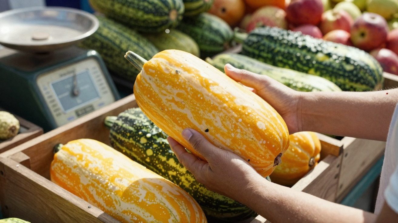 Pessoa segurando abóbora amarela com listras, com outras abóboras e frutas em caixas ao fundo.