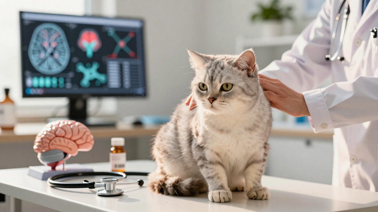 Gato cinza no consultório veterinário com médico e modelo anatômico de cérebro ao fundo.