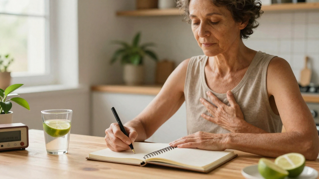 Mulher madura escrevendo em caderno sentada à mesa com copo d’água e limão na cozinha iluminada.