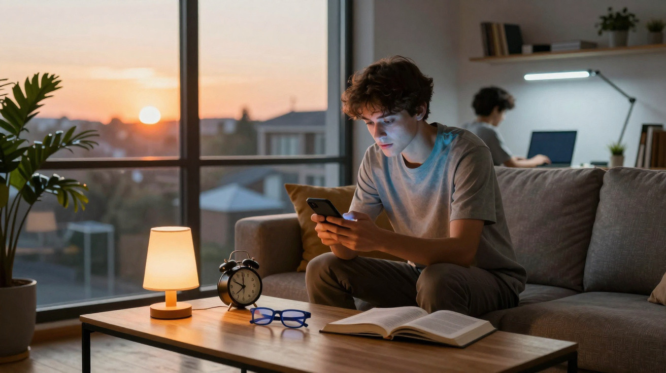 Jovem sentado no sofá com celular, livro aberto, relógio e abajur, enquanto outra pessoa trabalha no laptop ao fundo.