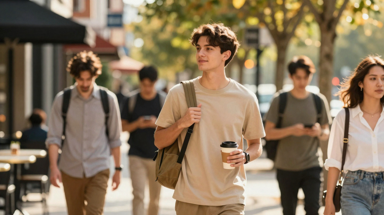 Jovem caminhando na rua com mochila e café, outras pessoas ao fundo em dia ensolarado.