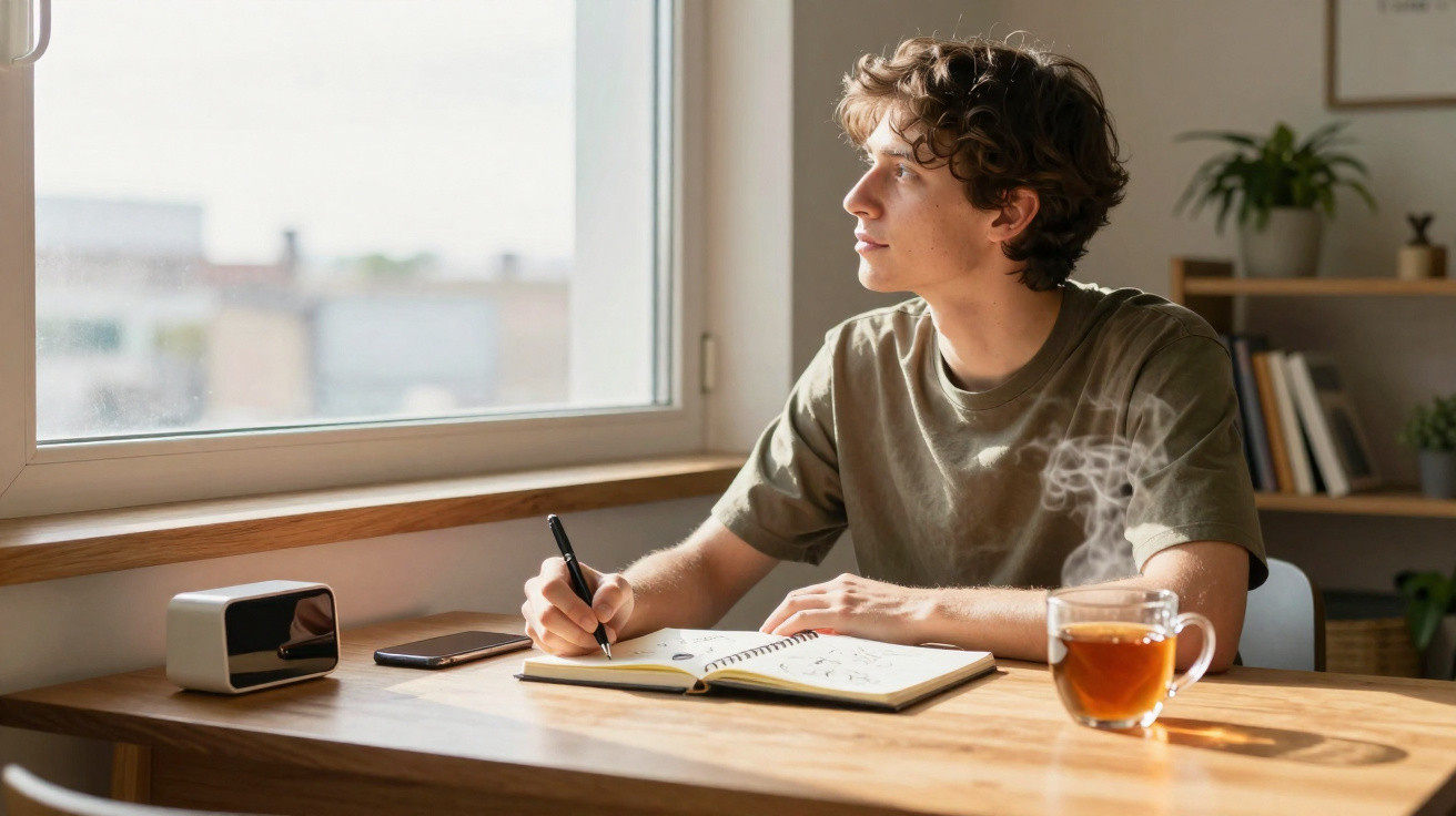 Jovem sentado à mesa escrevendo em caderno próximo à janela com xícara de chá fumegante.