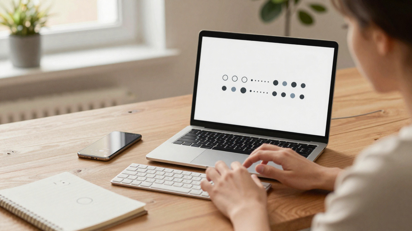 Pessoa usando laptop com código em Braille na tela, teclado externo e celular sobre mesa de madeira.
