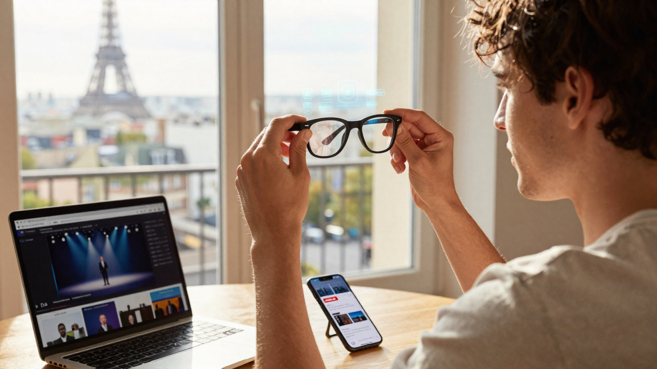 Jovem segurando óculos olhando para janela com vista da Torre Eiffel, laptop e celular na mesa.