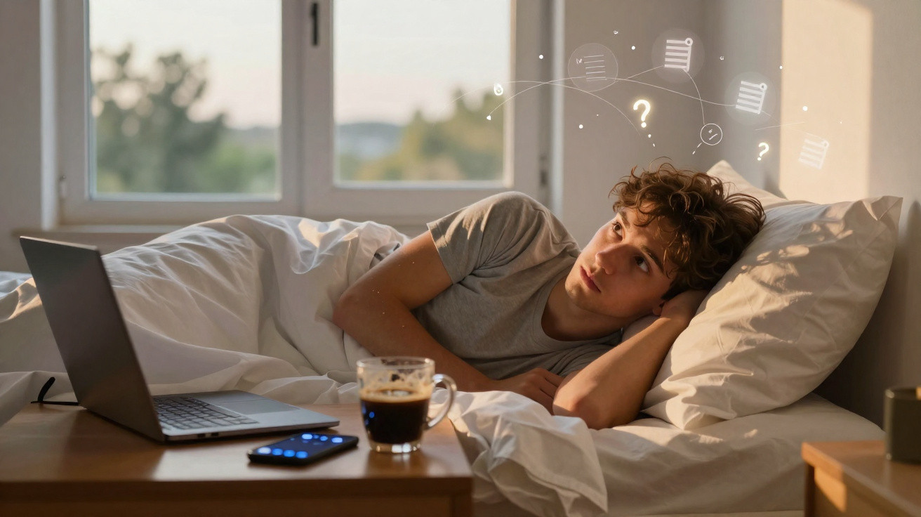 Jovem deitado na cama olhando pensativo, com laptop, celular e café sobre a mesa ao lado.