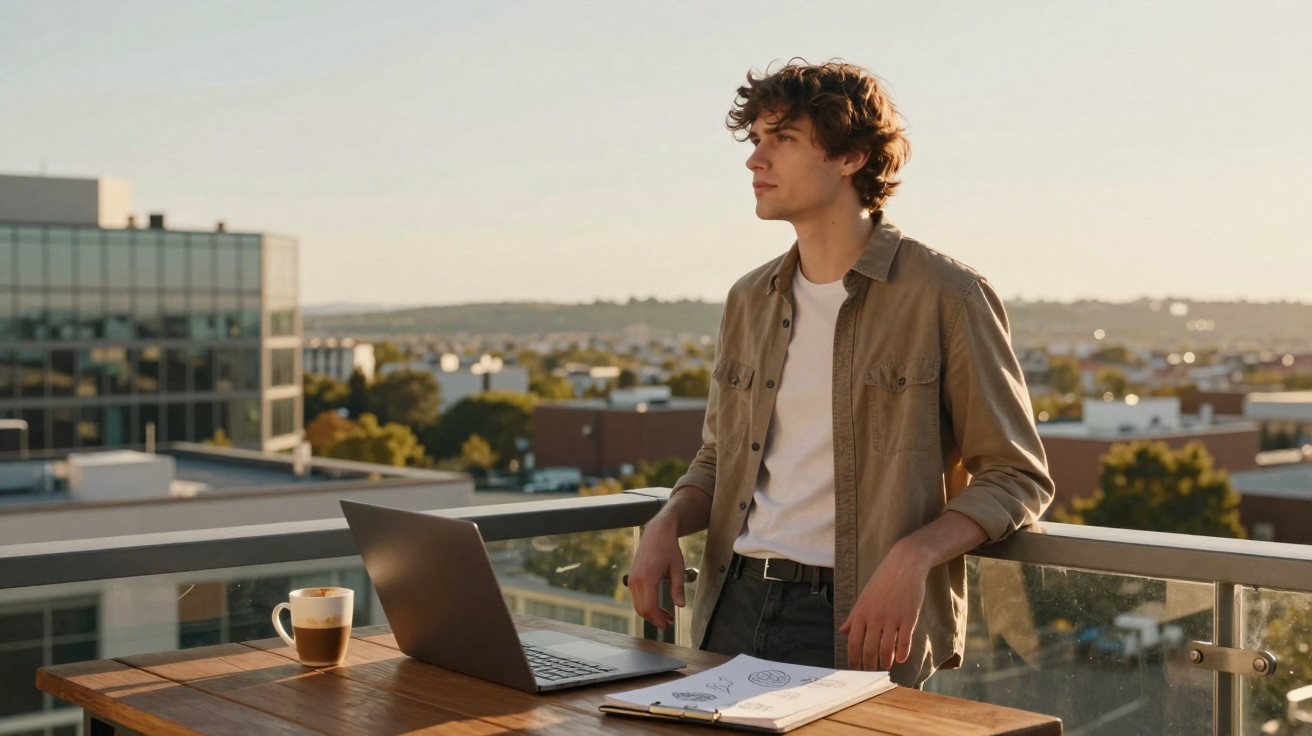 Jovem pensativo em varanda ao pôr do sol com laptop, café e caderno sobre mesa de madeira.