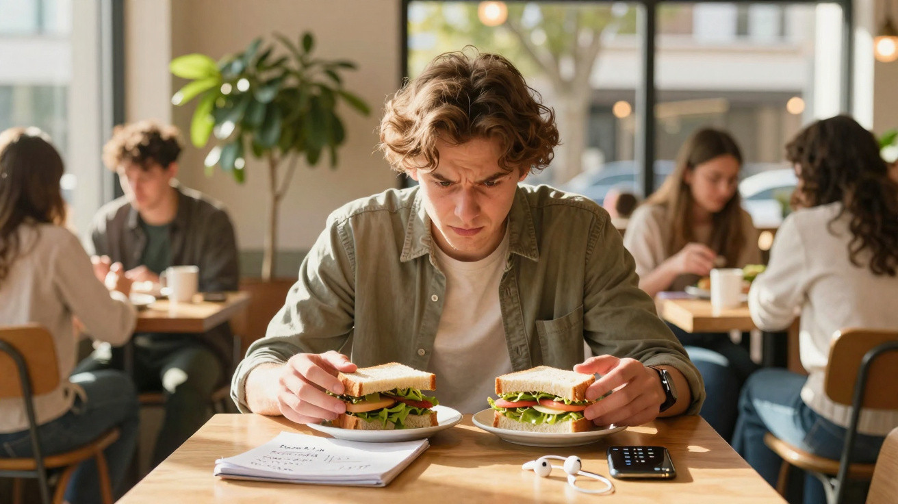 Jovem sentado em café olhando concentrado para dois sanduíches à sua frente, com caderno e fones na mesa.