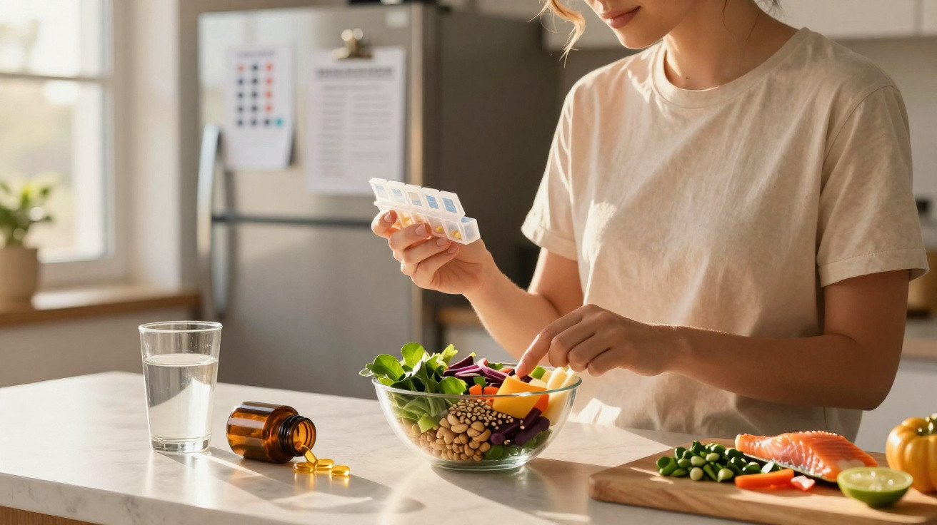 Mulher escolhendo alimentos saudáveis e suplementos em casa, com salada, salmão e vitaminas na mesa.