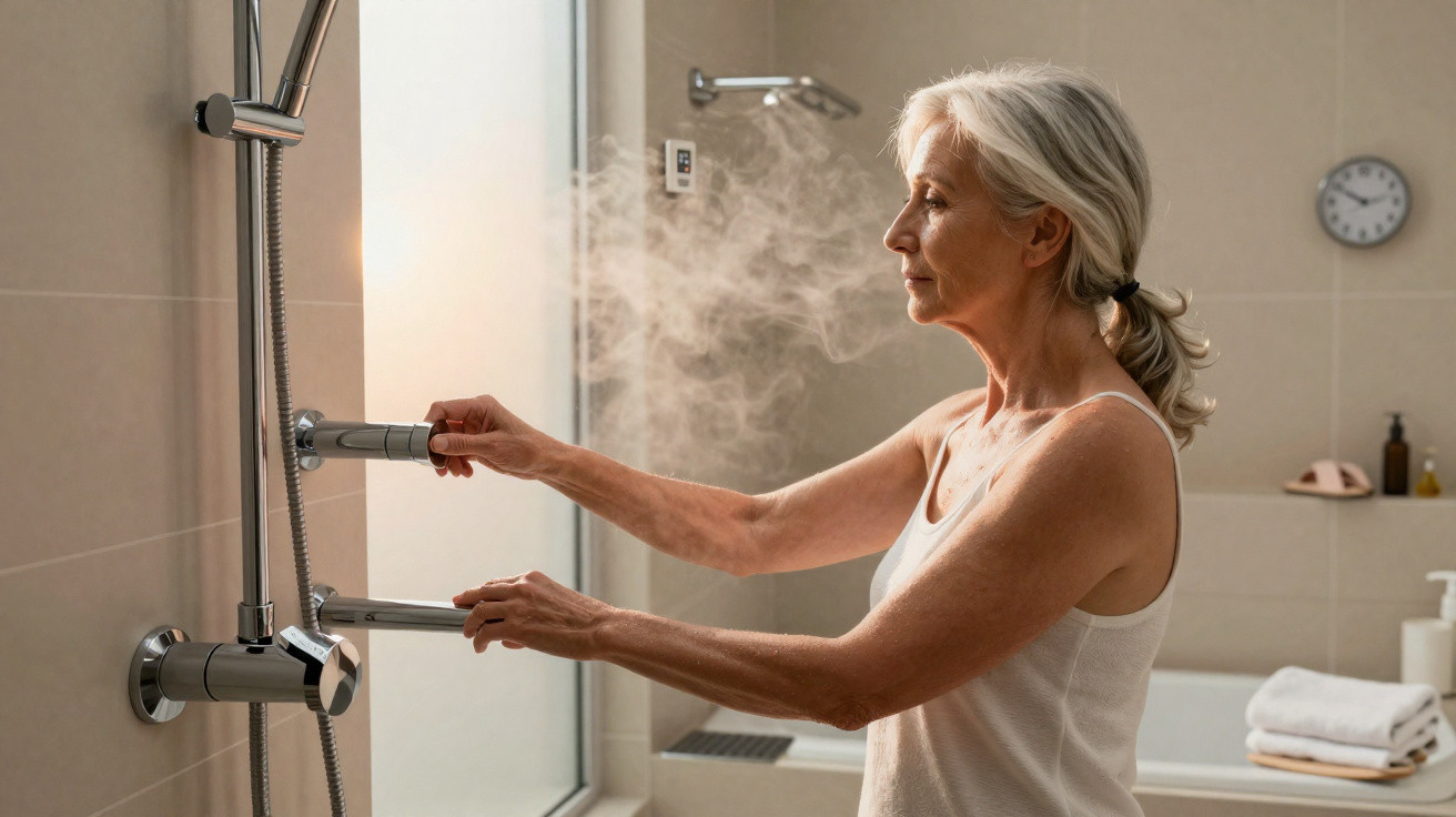 Mulher madura ajusta a temperatura do chuveiro em banheiro moderno com vapor no ar.