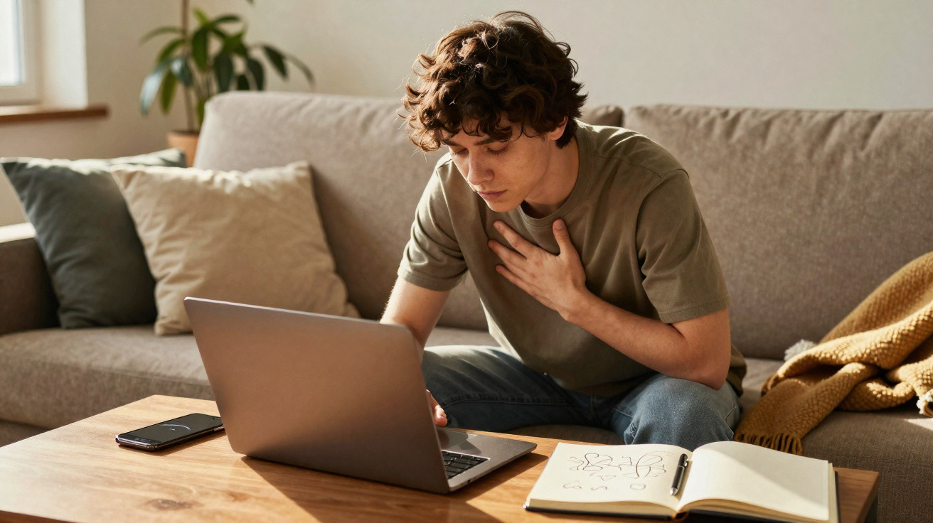 Jovem sentado no sofá com mão no peito, atento a tela do notebook com celular e caderno na mesa.