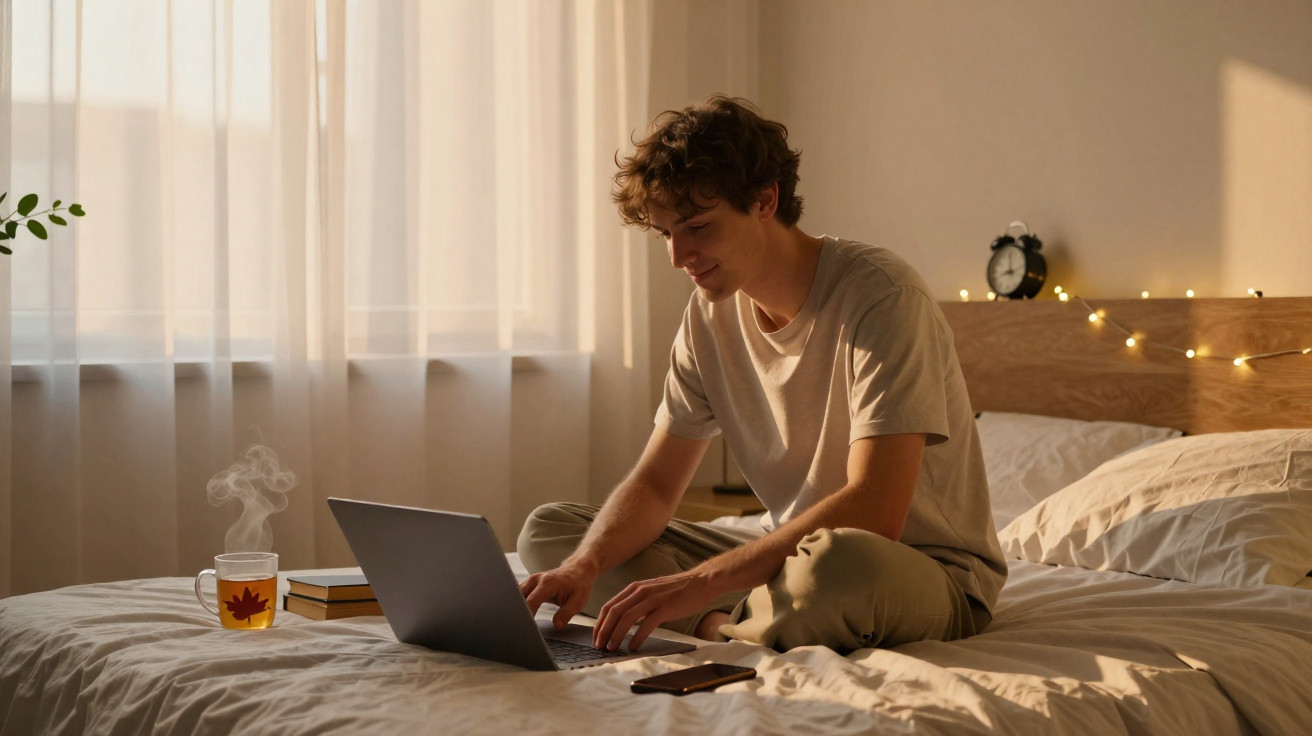 Jovem sentado na cama usando laptop, com xícara de chá fumegante ao lado em quarto iluminado naturalmente.