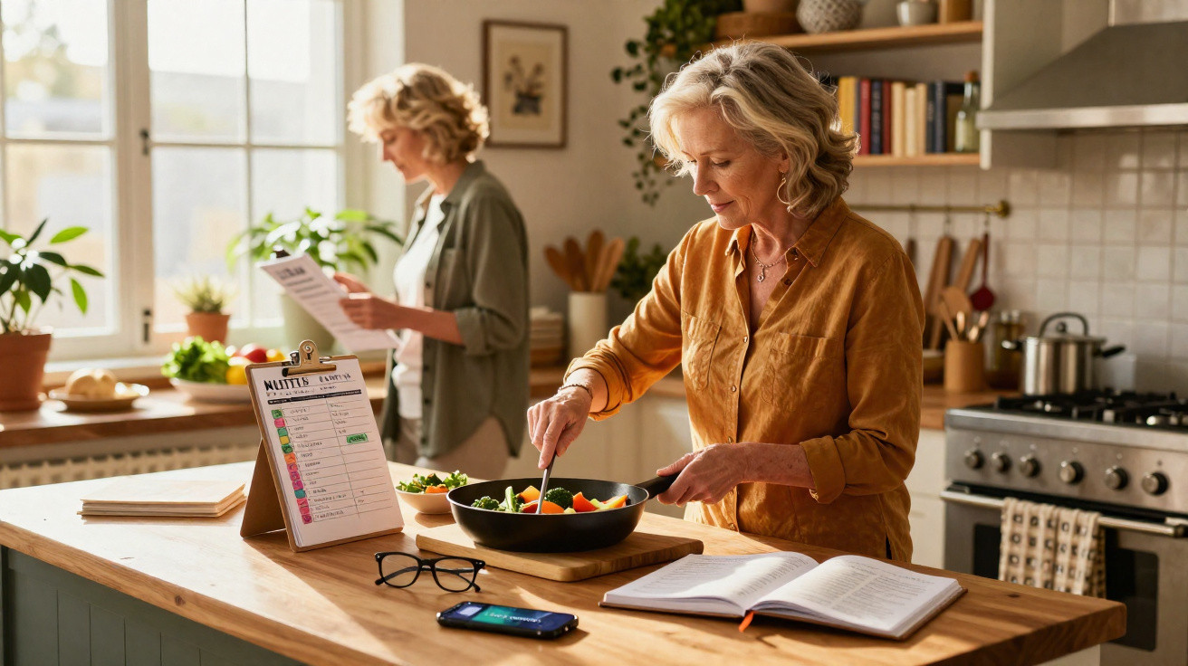 Duas mulheres preparando refeição em cozinha iluminada, uma mexendo salada e outra lendo receita.