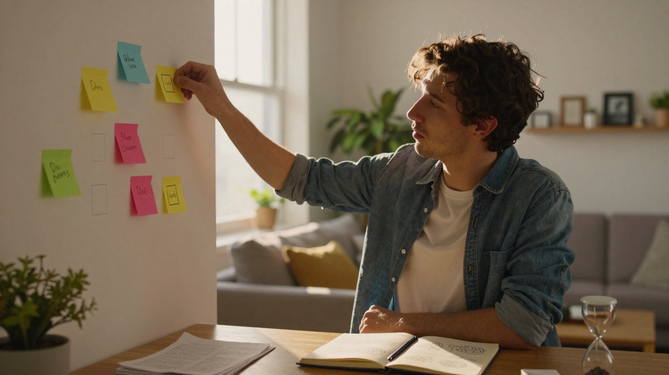 Jovem organizando post-its coloridos em parede, sentado à mesa com caderno aberto em ambiente iluminado e aconchegante.
