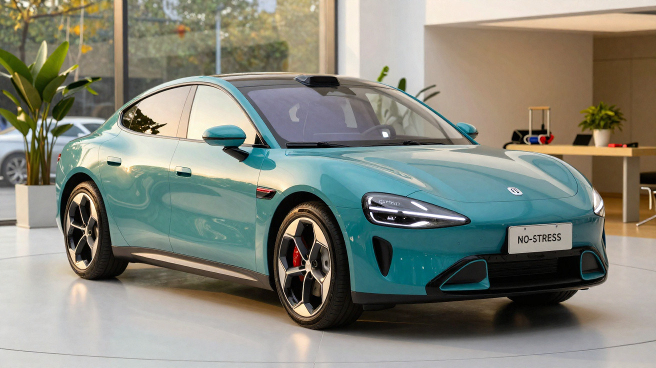 Carro elétrico verde-azulado com design moderno exibido em ambiente interno bem iluminado.