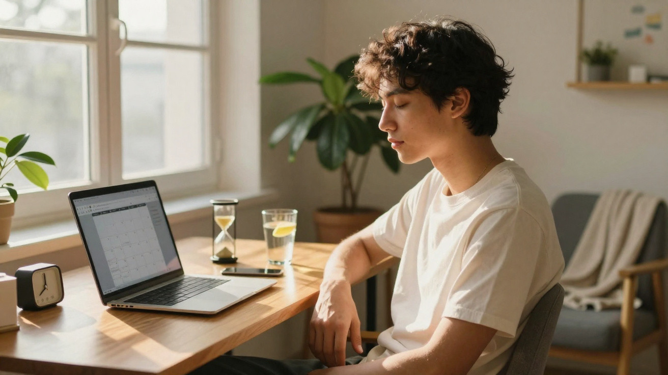 Jovem sentado em mesa com laptop, vidro de água e ampulheta, luz natural entra pela janela.