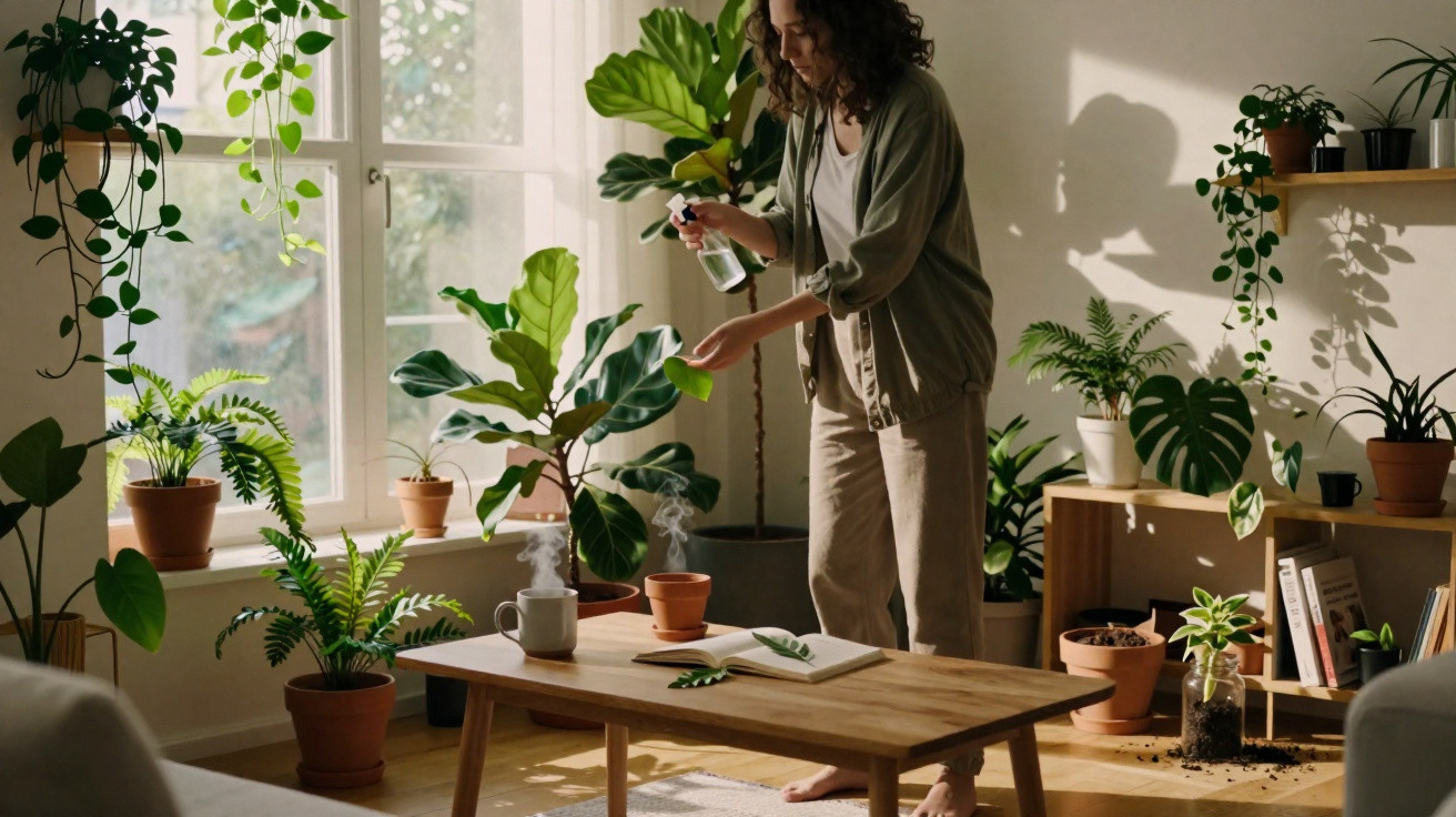 Mulher regando plantas em vasos em uma sala iluminada com janela grande e móveis de madeira.