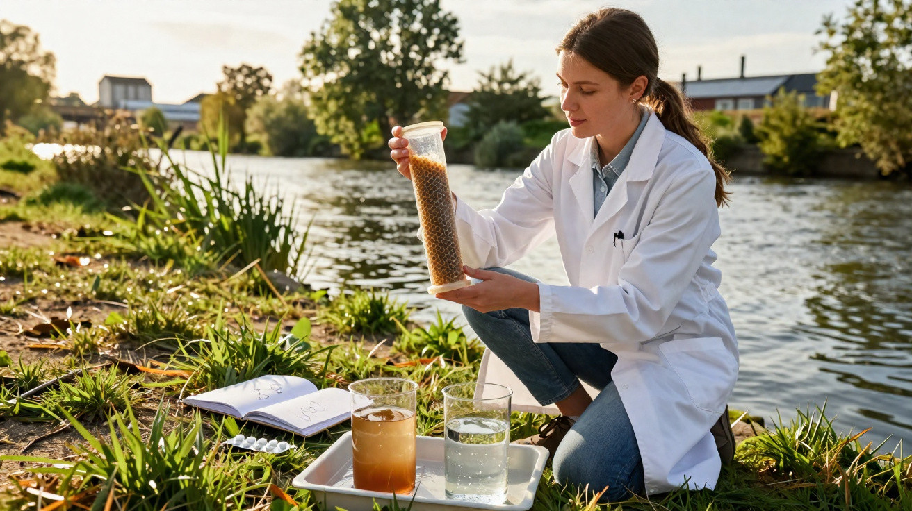 Cientista em jaleco analisa amostra de água em recipiente transparente à beira de rio com plantas e anotações.