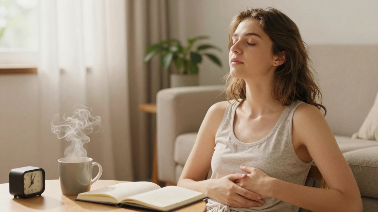 Mulher sentada relaxando em casa com olhos fechados e mãos no peito, ao lado de livro, relógio e xícara quente.