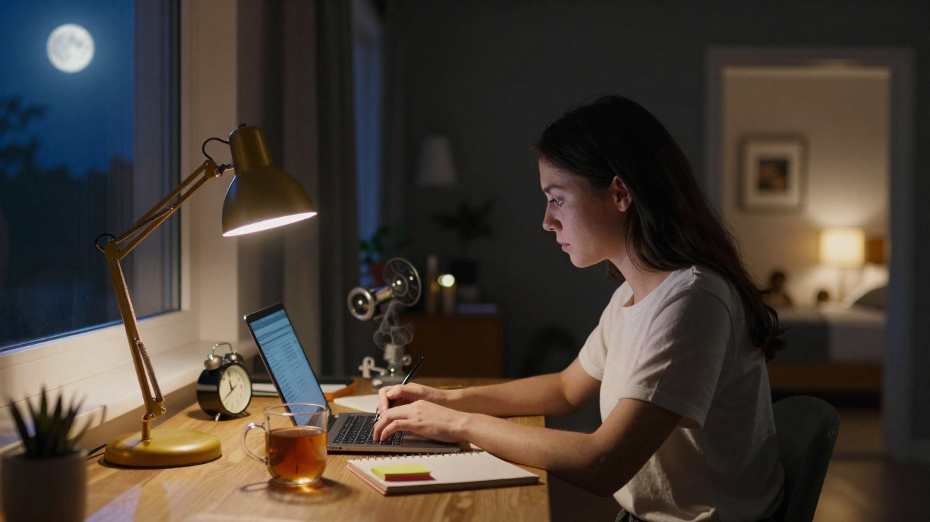 Mulher jovem estudando à noite em mesa com laptop, luminária e xícara de chá, com lua cheia visível pela janela.