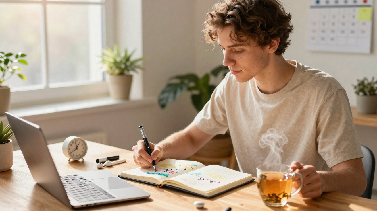 Jovem sentado à mesa escrevendo em caderno com chá quente, laptop aberto e plantas ao fundo.