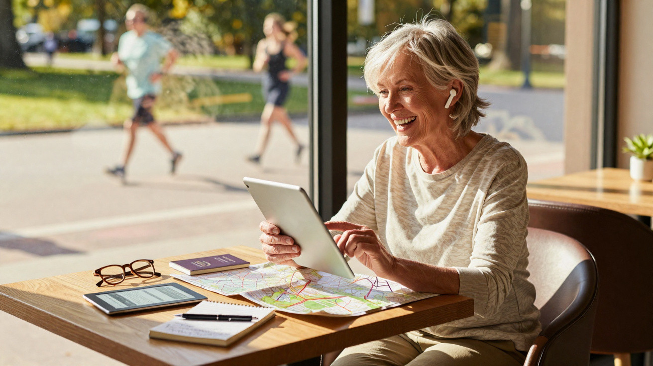 Mulher idosa sorrindo usando tablet em cafeteria com mapas e caderno sobre a mesa.