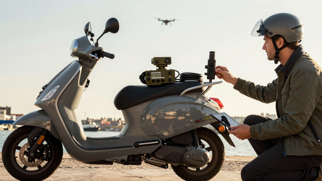 Homem com capacete operando drone ao lado de scooter cinza próxima à beira da água em dia claro.